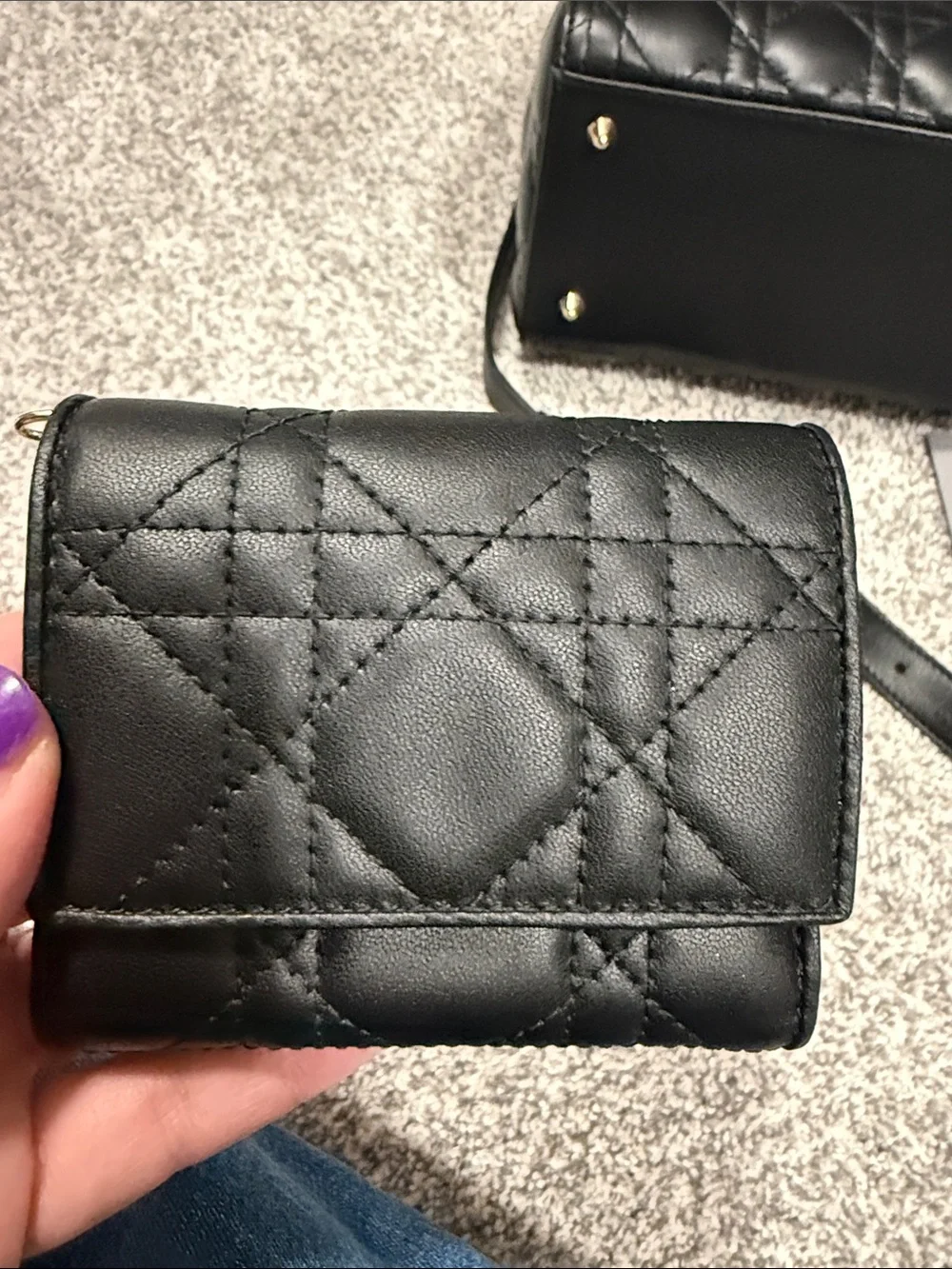 Dior Black Quilted Leather Top-Handle Bag with Gold Hardware and matching wallet
